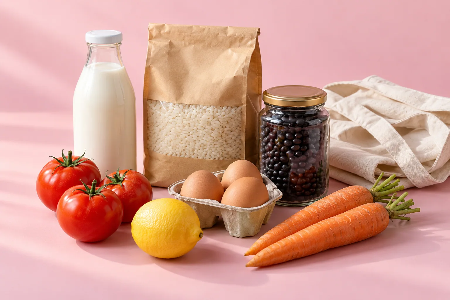 Composición ilustrativa de básicos: leche, arroz, frijoles, huevos y verduras sobre fondo rosa